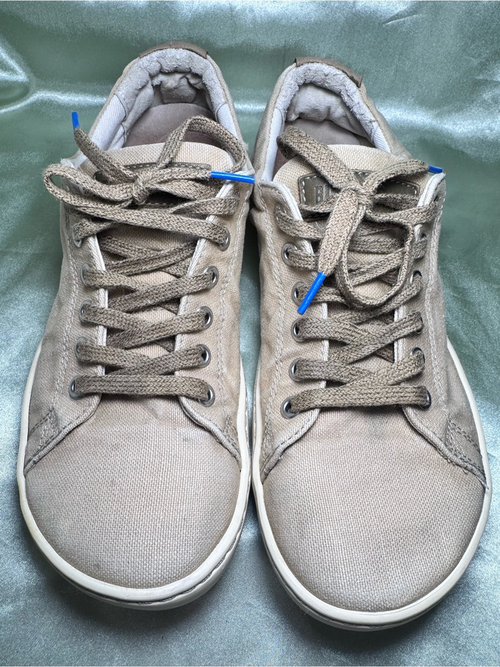 Birkenstock Vintage Canvas Lace Up Sneakers Tan Cream Blue Logo Tread EU 37 US 6 - Picture 2 of 12